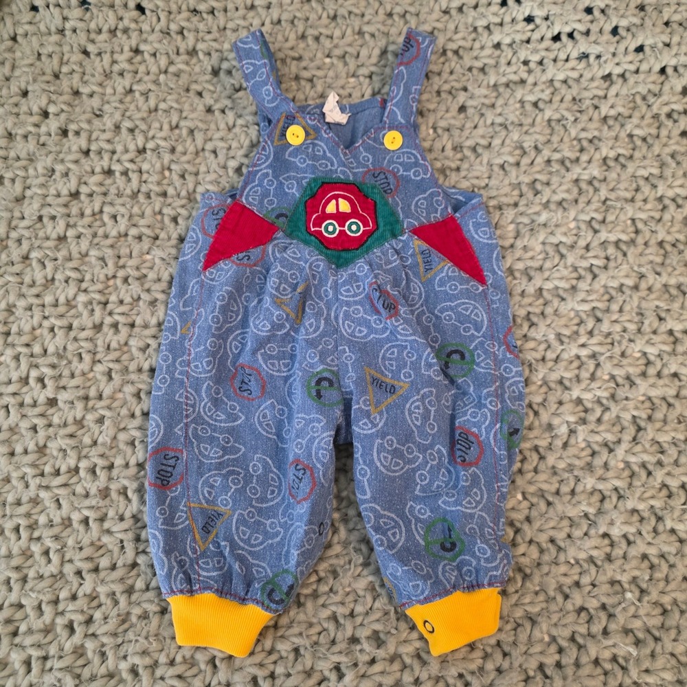 Vintage Boys Overalls Baby Size 3-6 Months Blue Car Traffic Sign Print 90s Retro